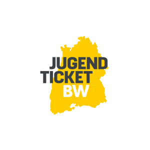 Logo für das JugendticketBW. Umriss von Baden-Württemberg in gelber Farbe. Darüber die Aufschrift JugendticketBW.